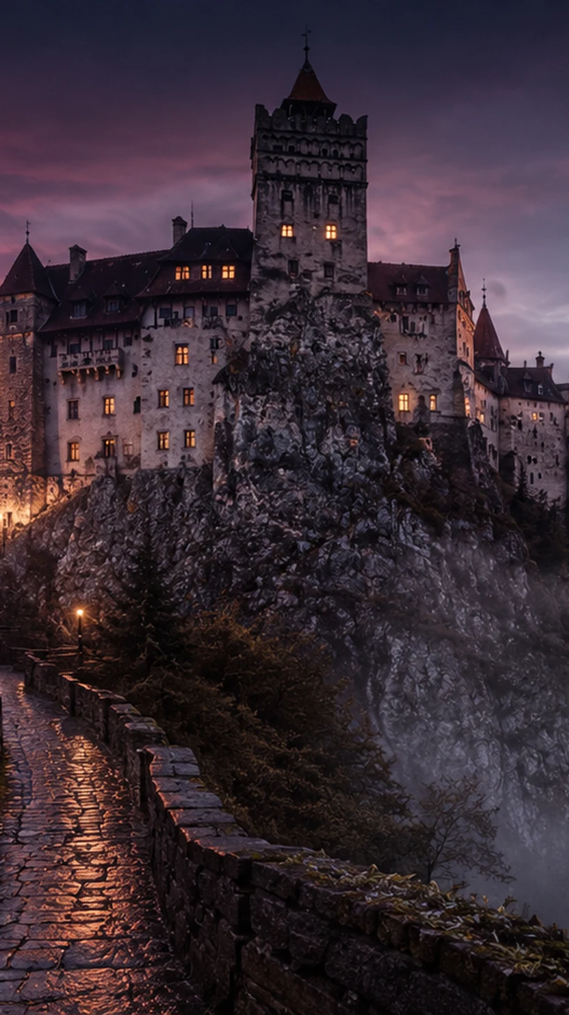 Castel transilvănean în ceață, cu munții Carpați în fundal