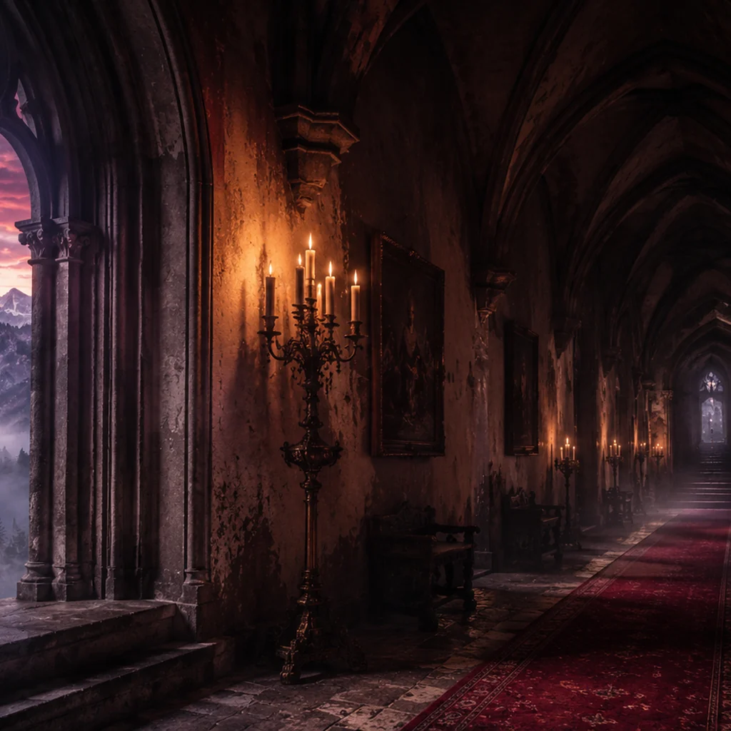 Castel medieval românesc la apus, cu tonuri burgundy