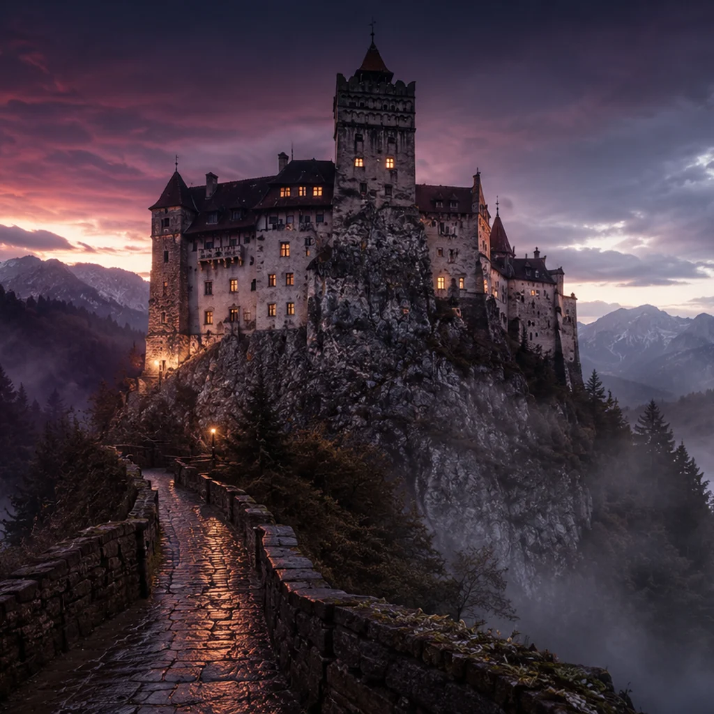 Castelul Bran luminat în ceață, Transilvania