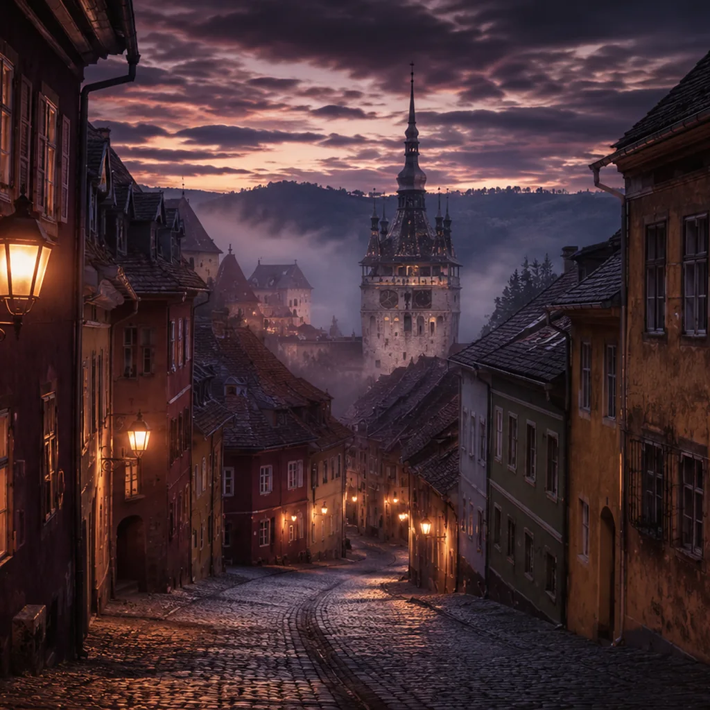 Stradă medievală din Transilvania la apus, cu felinare calde